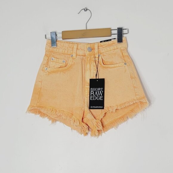 Stradivarius NEW Orange 100% Cotton Blend Raw Edge Denim Jean Short Size 0 NWT - Picture 1 of 12